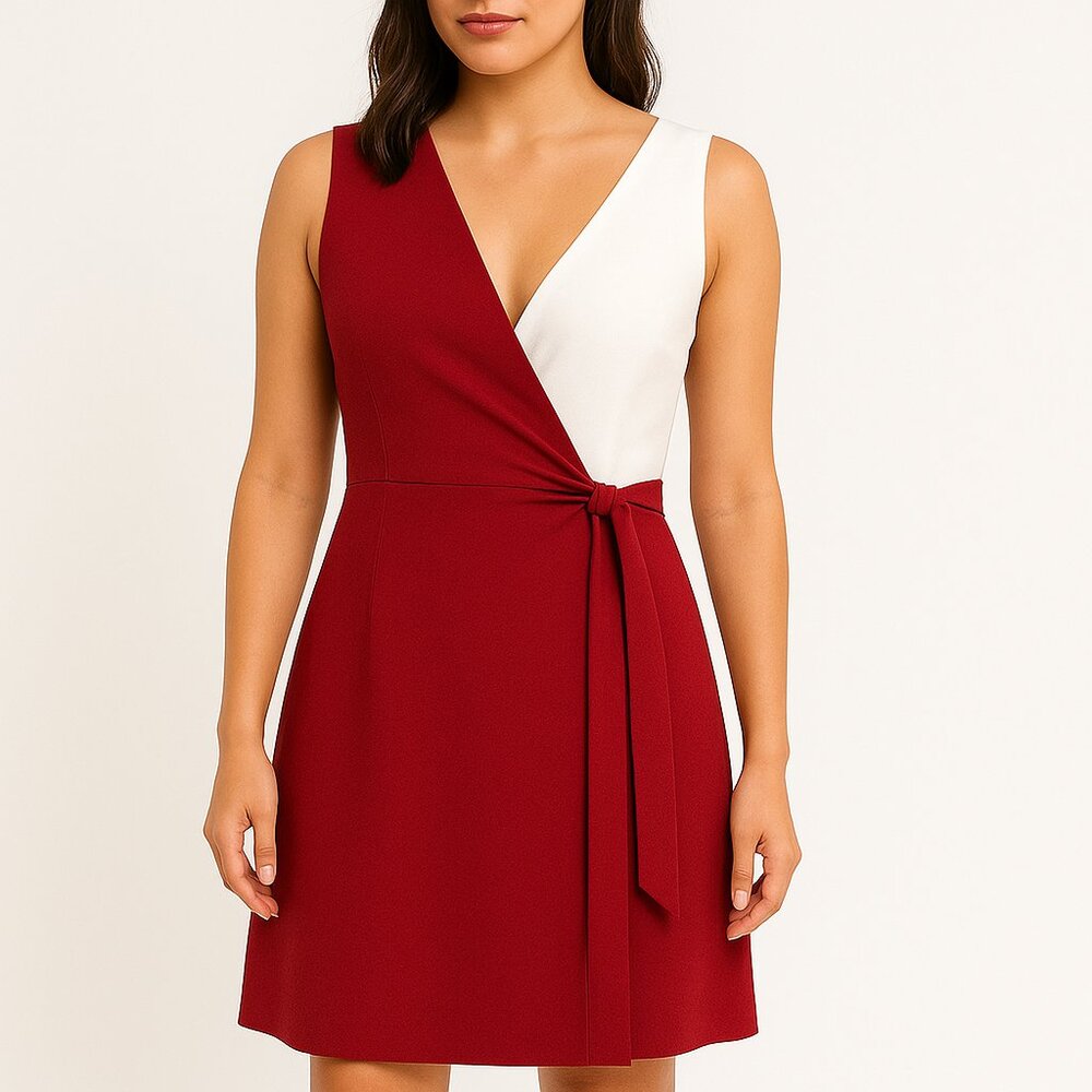 Kasper (NWOT) Women's Colorblock Wrap Dress Red White Sleeveless Midi Workwear S